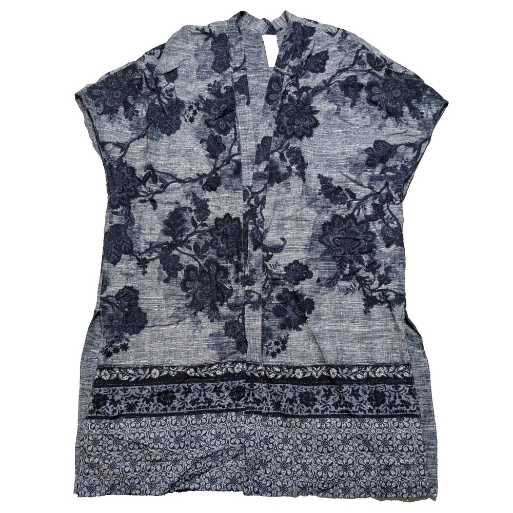 Chico Open-front Kimono Robe - Women S/M Blue Floral Boho Duster Cardigan EUC